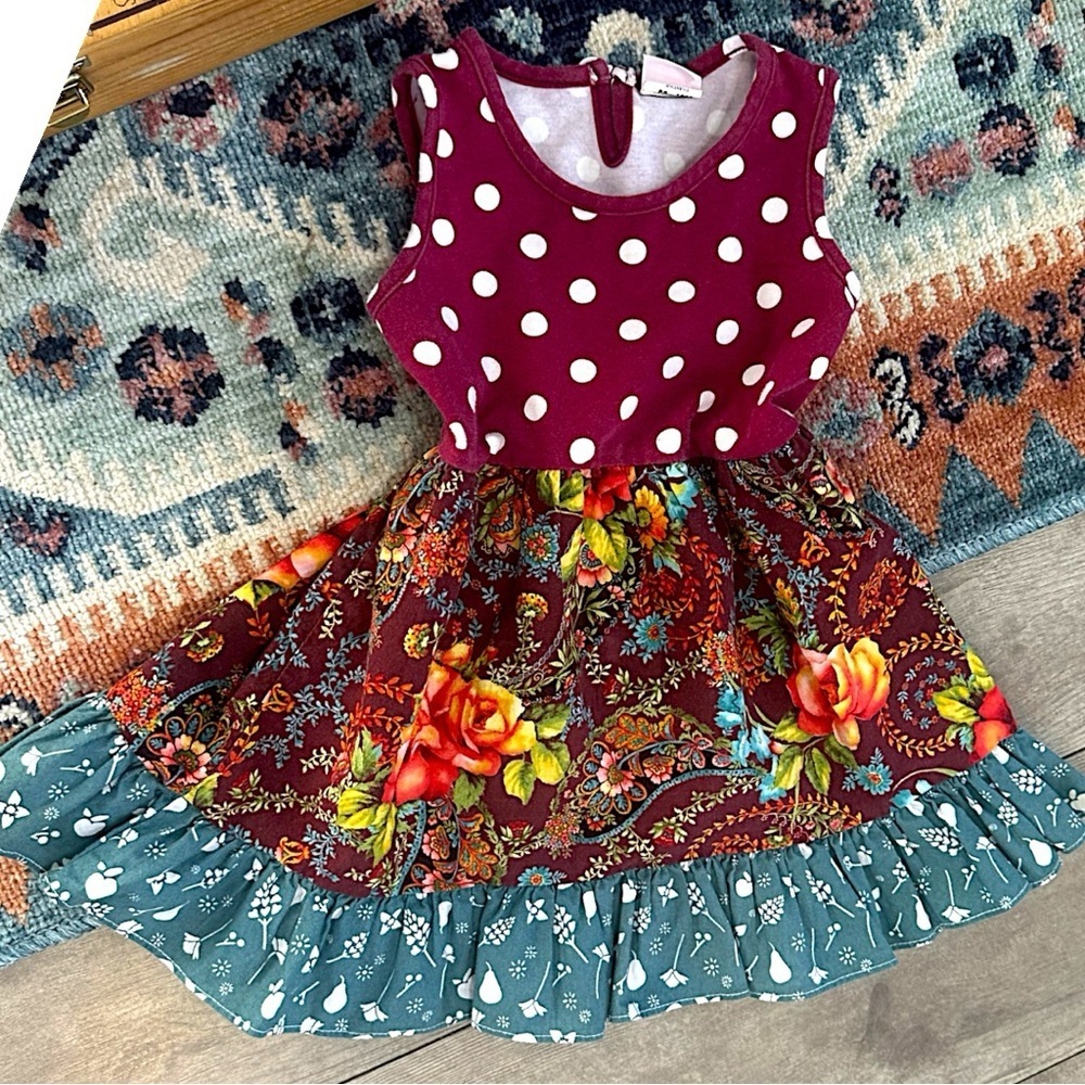 RicRac & Ruffles Mixed Media Cotton Dress 24 Months Burgundy Floral Polka Dot